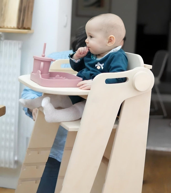 Torre de observación multifunción plegable Montessori con tobogán de pizarra - Monti Family